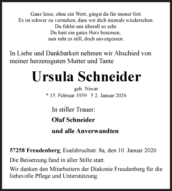 Traueranzeige von Ursula Schneider von Siegener Zeitung