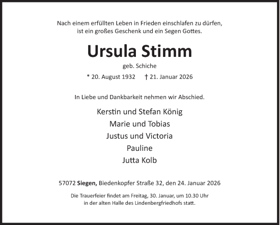 Traueranzeige von Ursula Stimm von Siegener Zeitung