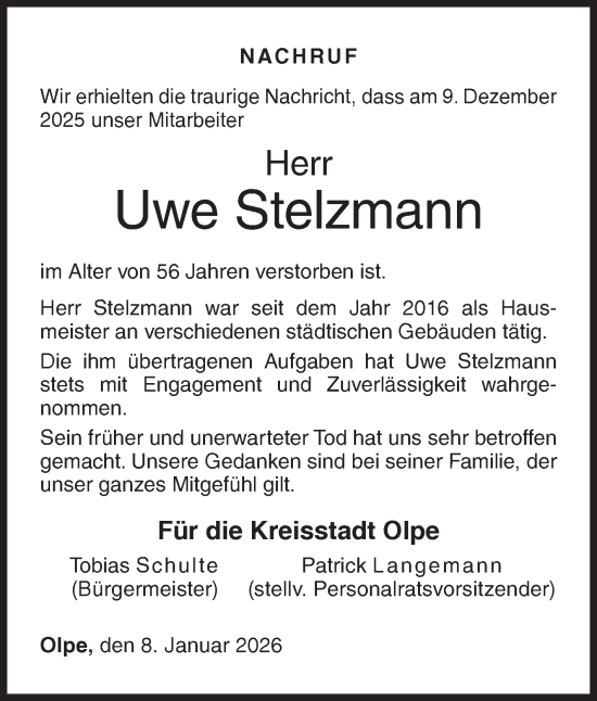 Traueranzeige von Uwe Stelzmann von Siegener Zeitung