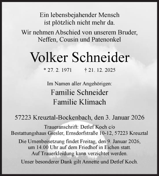 Traueranzeige von Volker Schneider von Siegener Zeitung