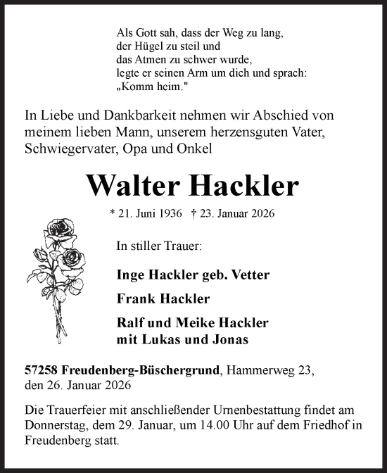 Traueranzeige von Walter Hackler von Siegener Zeitung