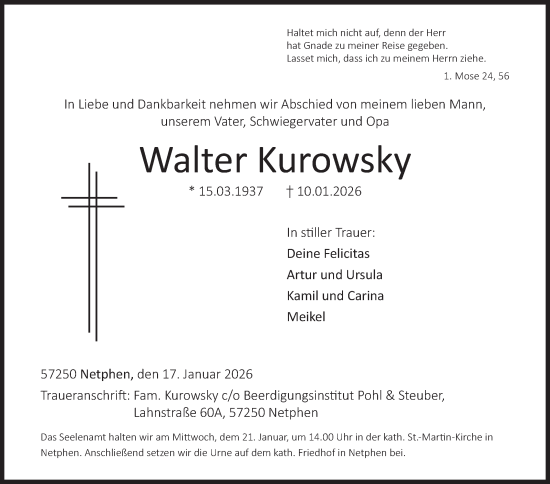 Traueranzeige von Walter Kurowsky von Siegener Zeitung