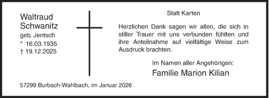 Traueranzeige von Waltraud Schwanitz von Siegener Zeitung