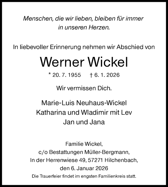 Traueranzeige von Werner Wickel von Siegener Zeitung