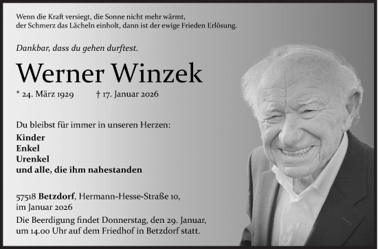 Traueranzeige von Werner Winzek von Siegener Zeitung