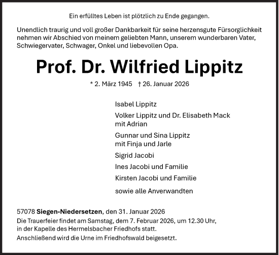 Traueranzeige von Wilfried Lippitz von Siegener Zeitung
