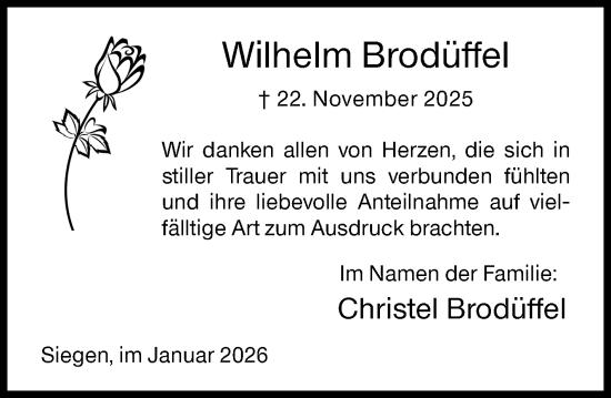Traueranzeige von Wilhelm Brodüffel von Siegener Zeitung