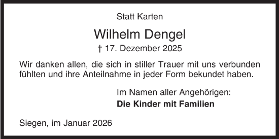 Traueranzeige von Wilhelm Dengel von Siegener Zeitung
