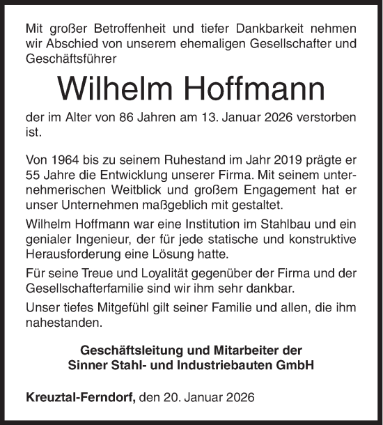 Traueranzeige von Wilhelm Hoffmann von Siegener Zeitung
