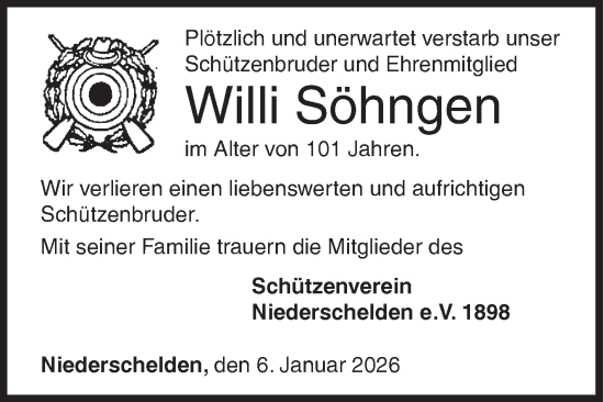 Traueranzeige von Willi Söhngen von Siegener Zeitung