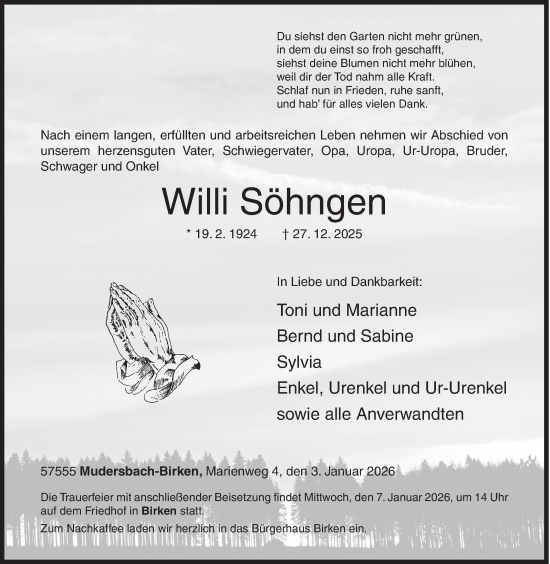 Traueranzeige von Willi Söhngen von Siegener Zeitung