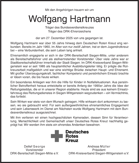 Traueranzeige von Wolfgang Hartmann von Siegener Zeitung
