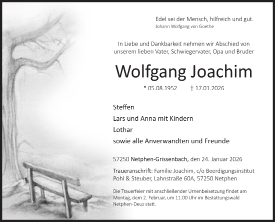 Traueranzeige von Wolfgang Joachim von Siegener Zeitung