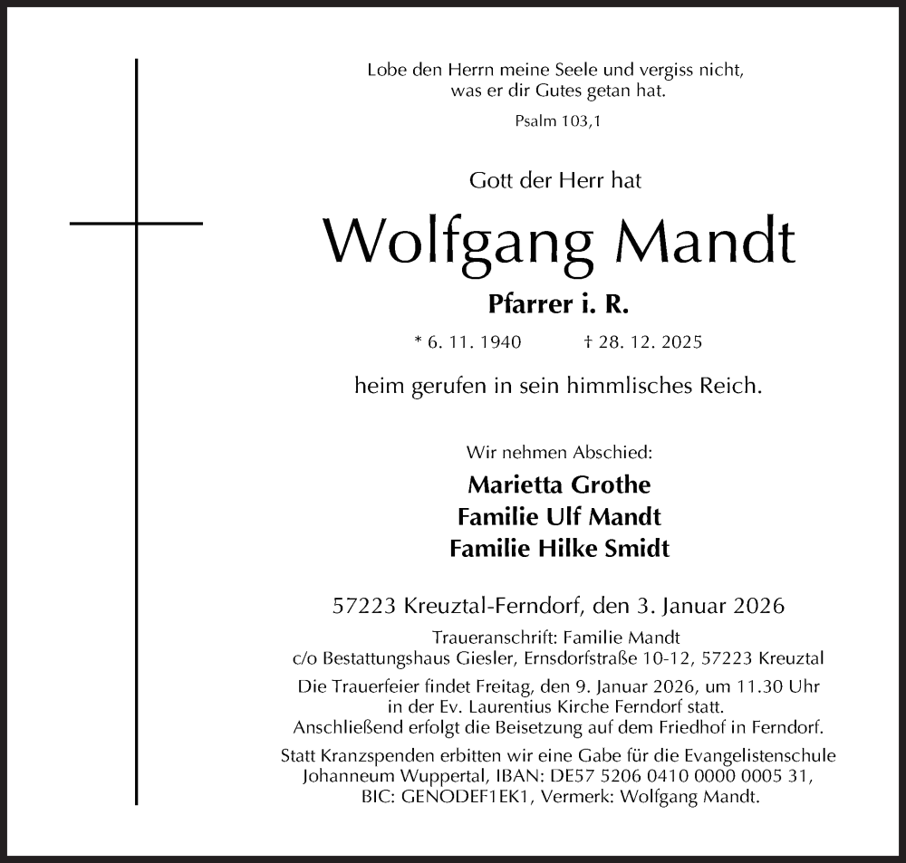 Traueranzeige für Wolfgang Mandt vom 03.01.2026 aus Siegener Zeitung