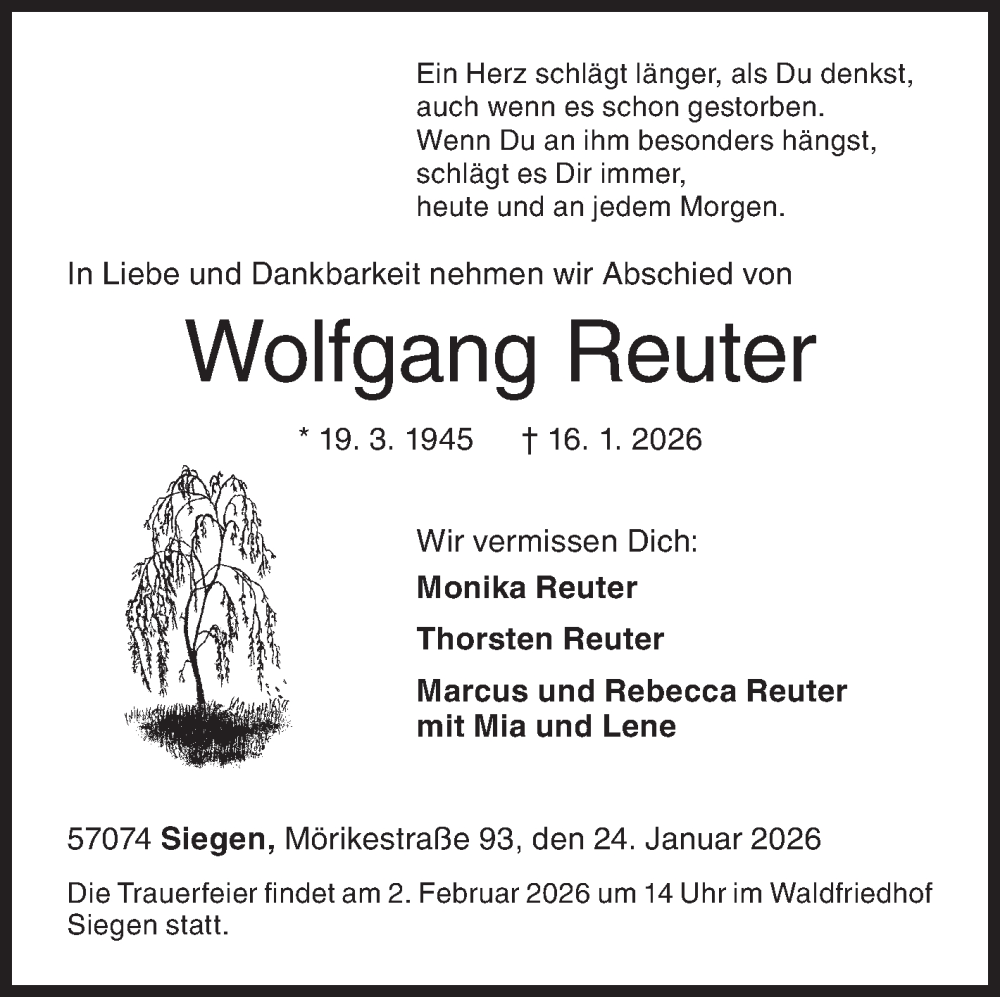  Traueranzeige für Wolfgang Reuter vom 24.01.2026 aus Siegener Zeitung