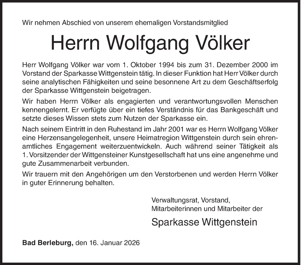  Traueranzeige für Wolfgang Völker vom 16.01.2026 aus Siegener Zeitung