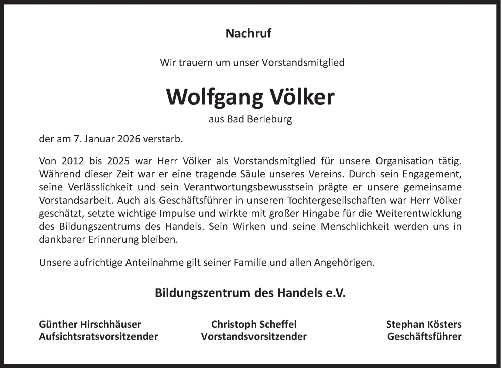  Traueranzeige für Wolfgang Völker vom 22.01.2026 aus Siegener Zeitung