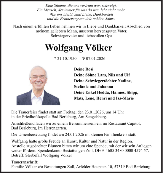 Traueranzeige von Wolfgang Völker von Siegener Zeitung