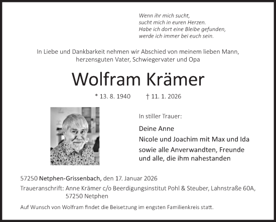 Traueranzeige von Wolfram Krämer von Siegener Zeitung