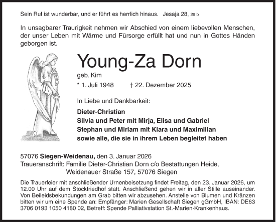 Traueranzeige von Young-Za Dorn von Siegener Zeitung