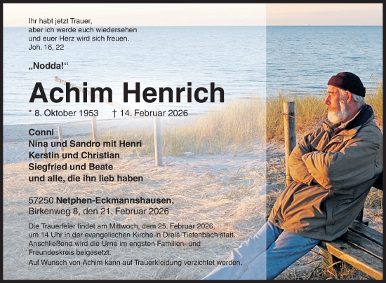 Traueranzeige von Achim Henrich von Siegener Zeitung