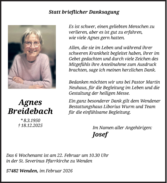Traueranzeige von Agnes Breidebach von Siegener Zeitung