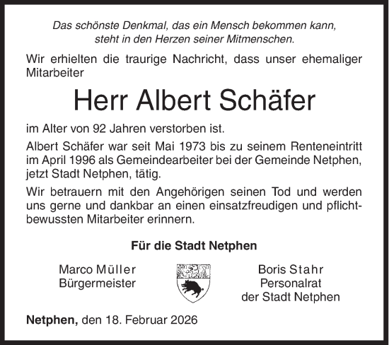 Traueranzeige von Albert Schäfer von Siegener Zeitung