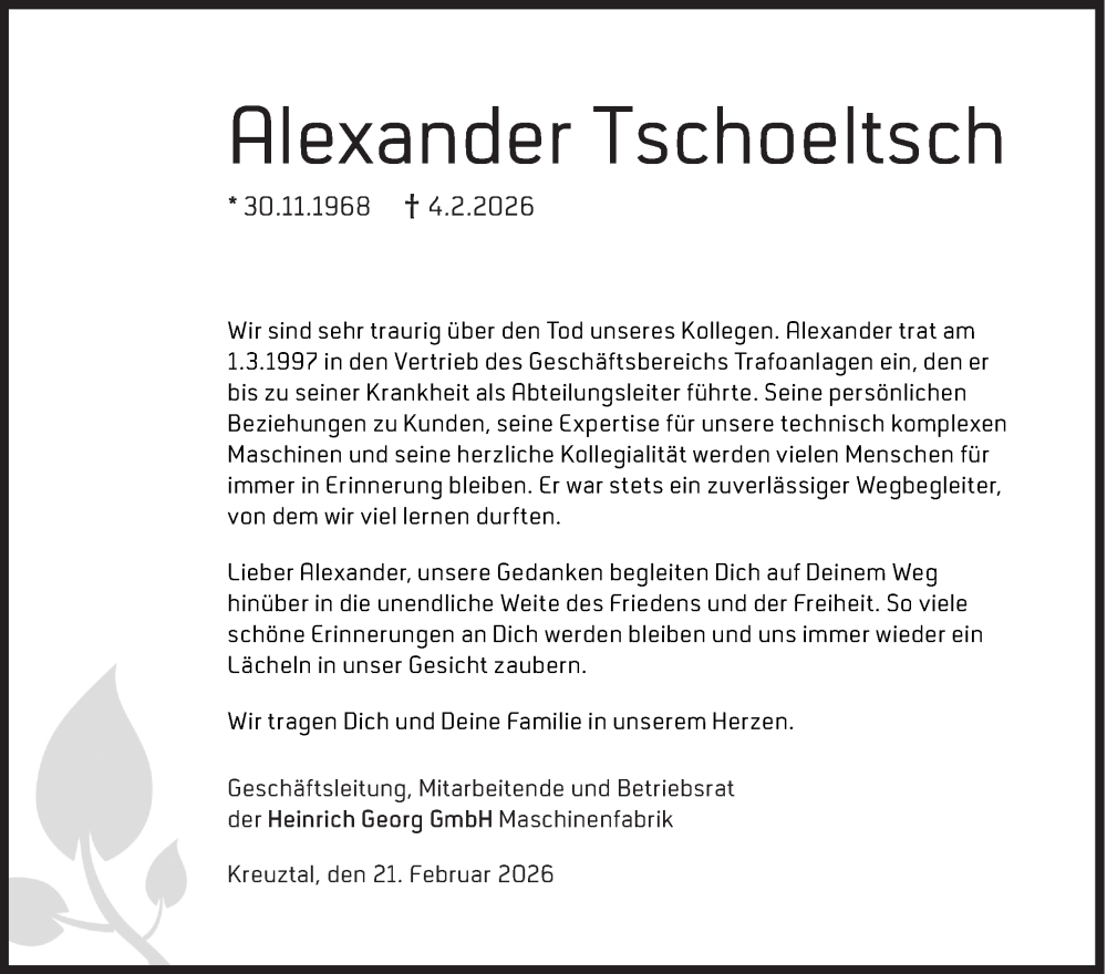  Traueranzeige für Alexander Tschoeltsch vom 21.02.2026 aus Siegener Zeitung
