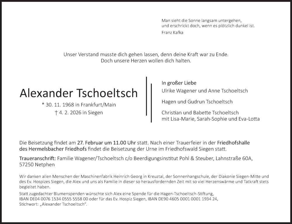  Traueranzeige für Alexander Tschoeltsch vom 21.02.2026 aus Siegener Zeitung