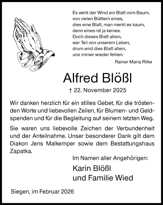 Traueranzeige von Alfred Blößl von Siegener Zeitung