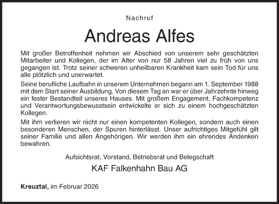 Traueranzeige von Andreas Alfes von Siegener Zeitung