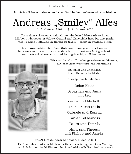 Traueranzeige von Andreas Alfes von Siegener Zeitung