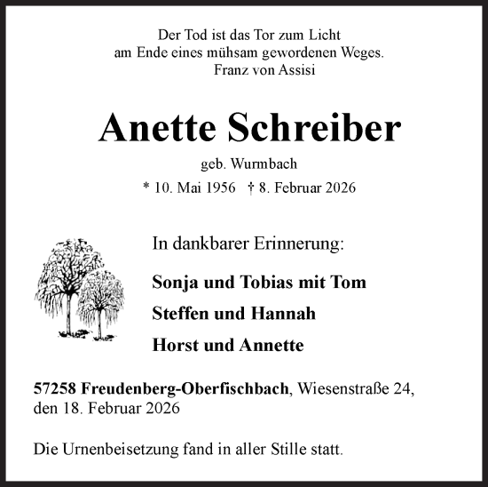 Traueranzeige von Anette Schreiber von Siegener Zeitung