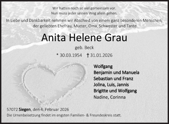 Traueranzeige von Anita Helene Grau von Siegener Zeitung