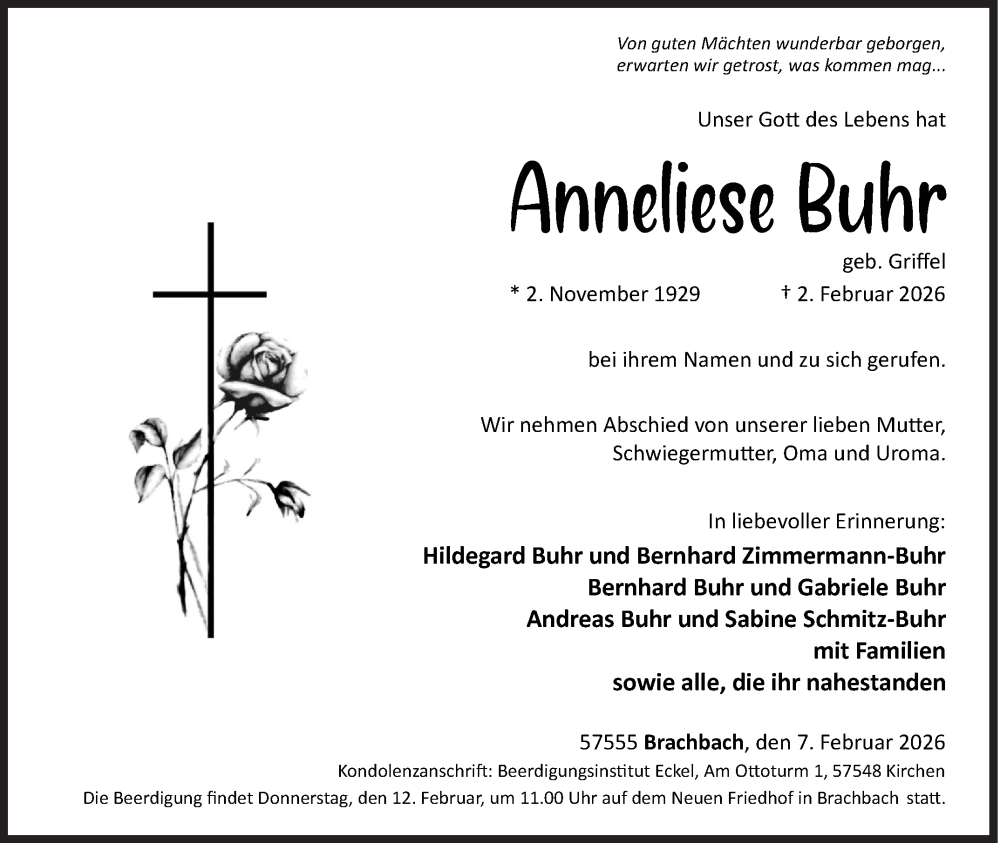  Traueranzeige für Anneliese Buhr vom 07.02.2026 aus Siegener Zeitung