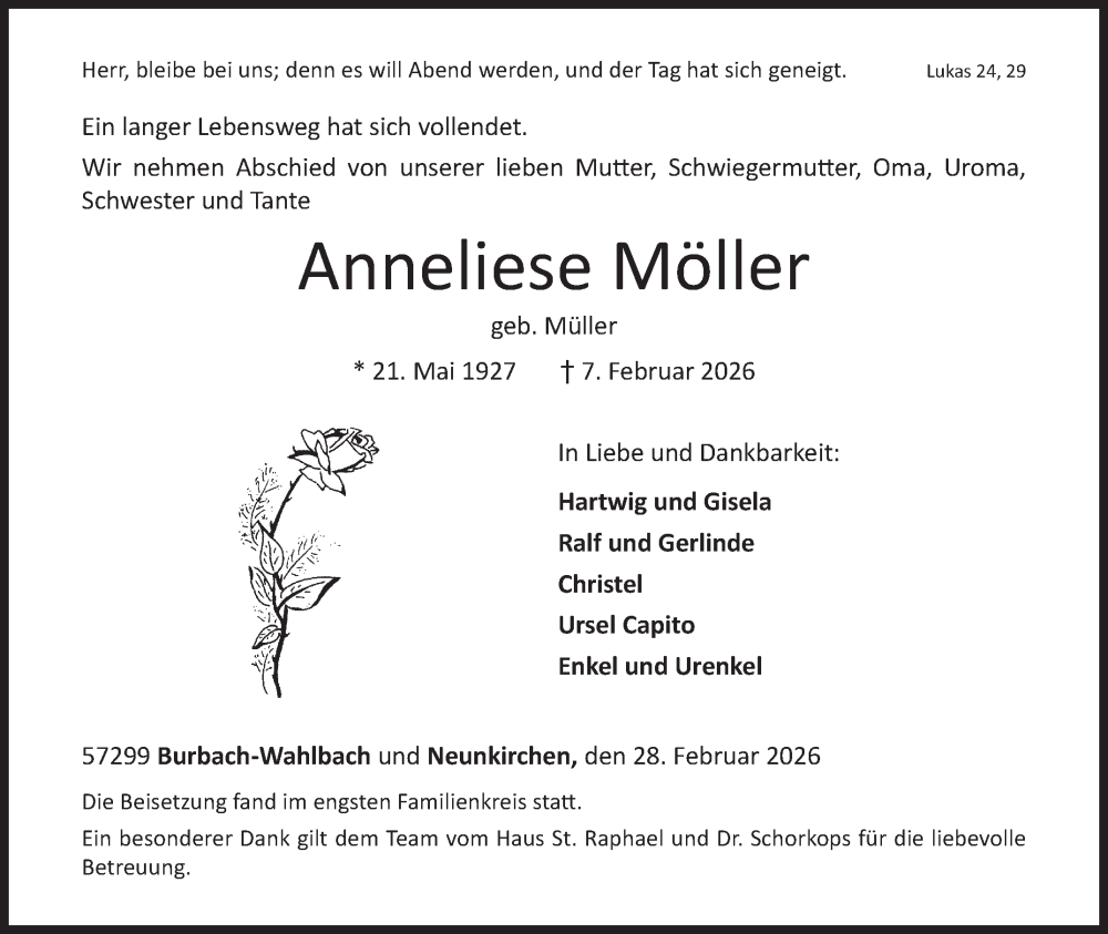  Traueranzeige für Anneliese Möller vom 28.02.2026 aus Siegener Zeitung