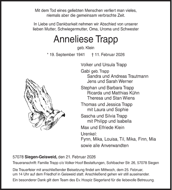 Traueranzeige von Anneliese Trapp von Siegener Zeitung