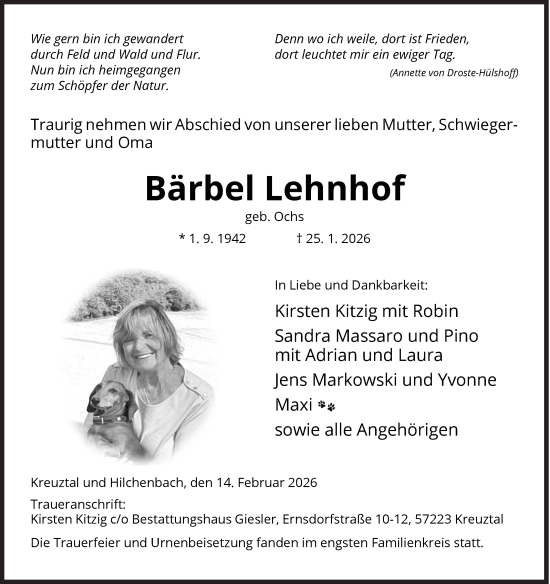 Traueranzeige von Bärbel Lehnhof von Siegener Zeitung