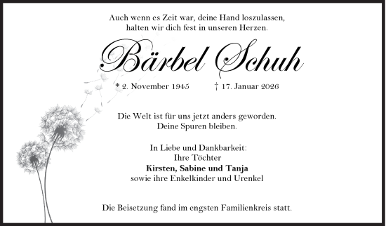 Traueranzeige von Bärbel Schuh von Siegener Zeitung