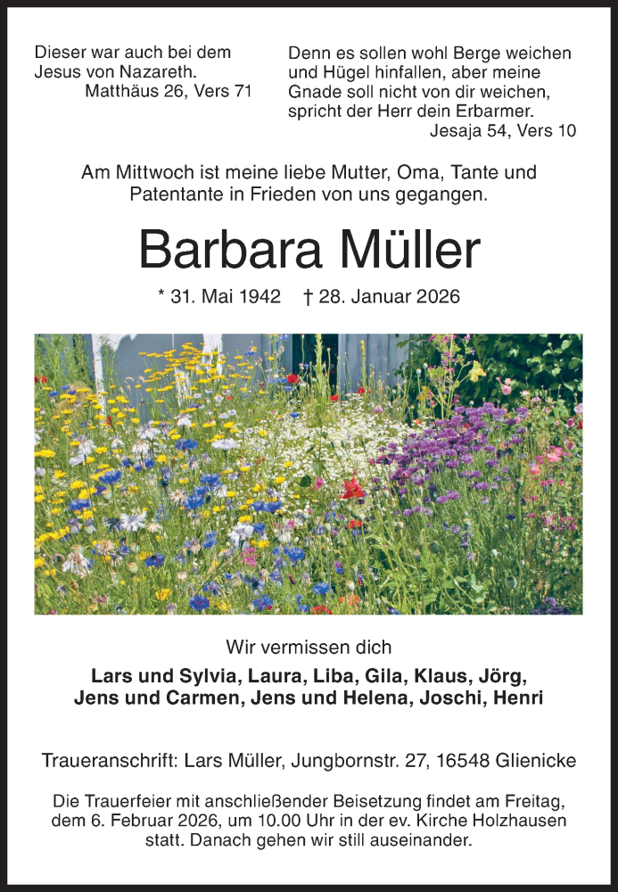  Traueranzeige für Barbara Müller vom 04.02.2026 aus Siegener Zeitung