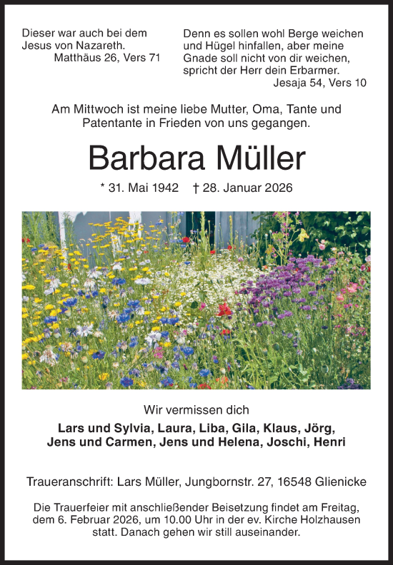 Traueranzeige von Barbara Müller von Siegener Zeitung