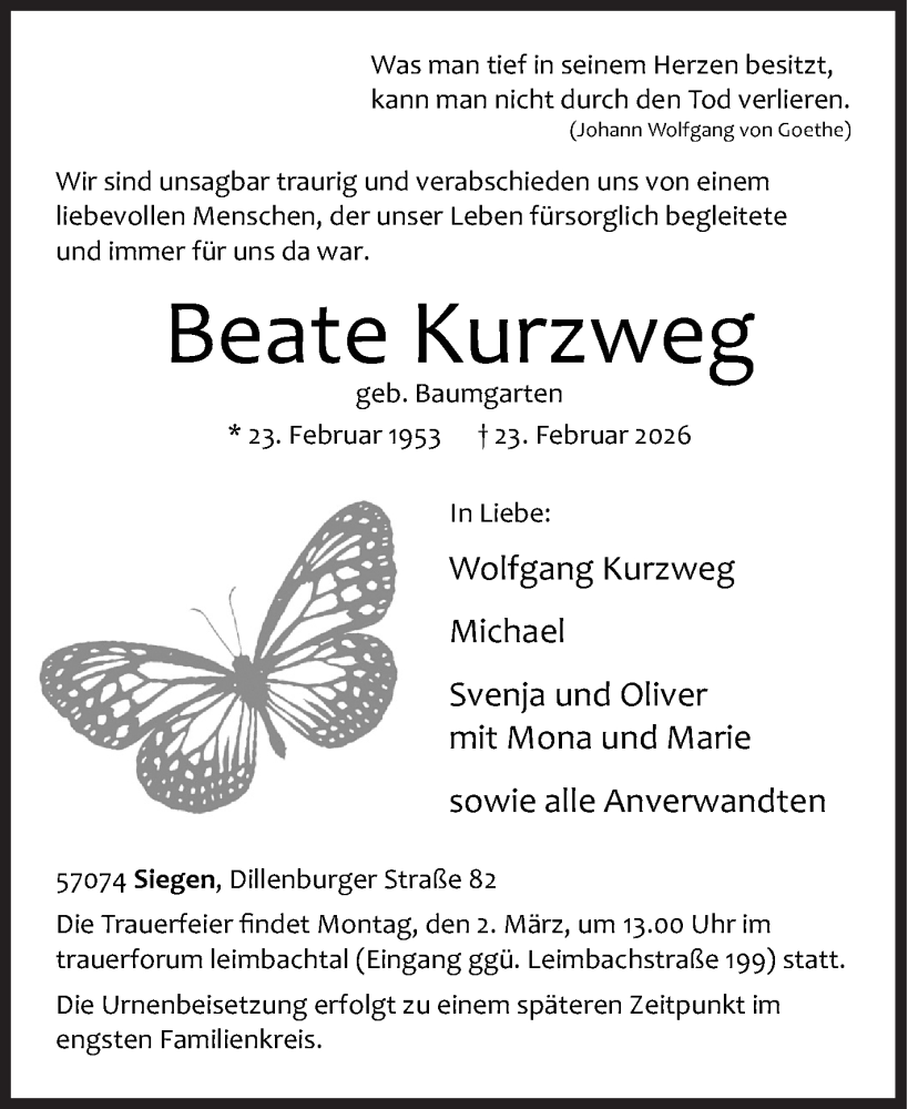  Traueranzeige für Beate Kurzweg vom 26.02.2026 aus Siegener Zeitung