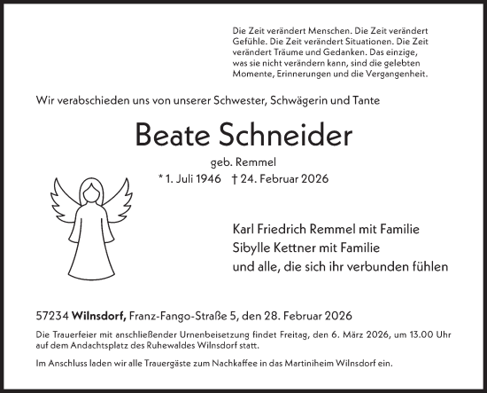 Traueranzeige von Beate Schneider von Siegener Zeitung
