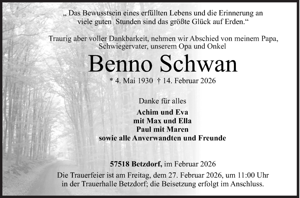  Traueranzeige für Benno Schwan vom 19.02.2026 aus Siegener Zeitung