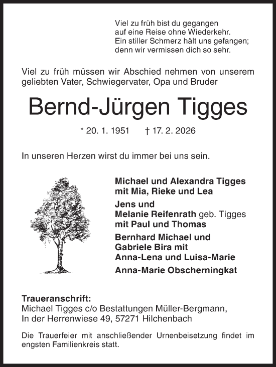 Traueranzeige von Bernd-Jürgen Tigges von Siegener Zeitung