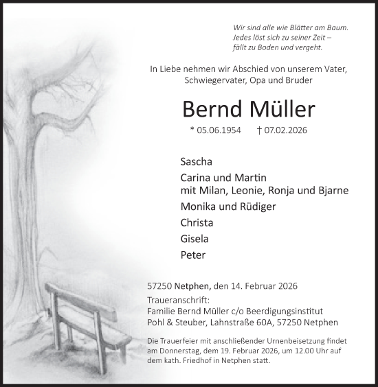 Traueranzeige von Bernd Müller von Siegener Zeitung