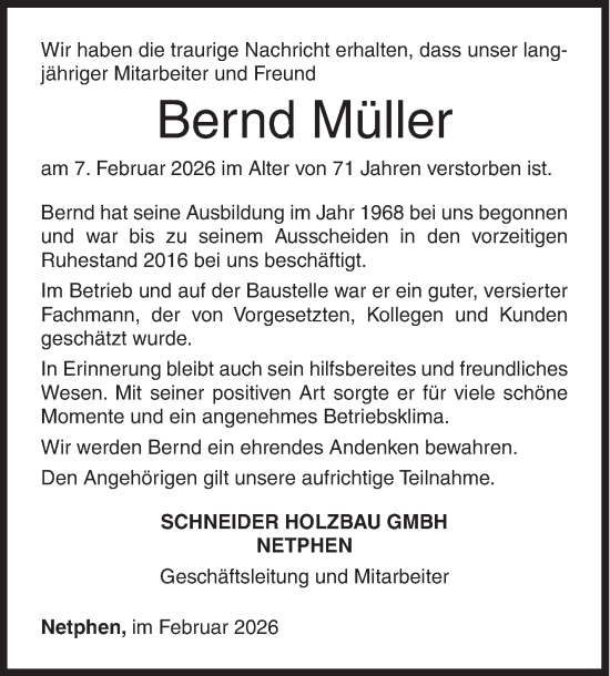 Traueranzeige von Bernd Müller von Siegener Zeitung