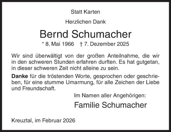 Traueranzeige von Bernd Schumacher von Siegener Zeitung