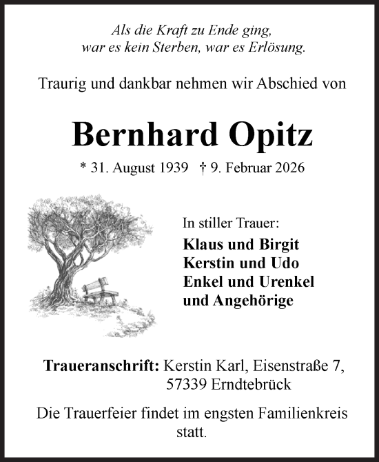 Traueranzeige von Bernhard Opitz von Siegener Zeitung