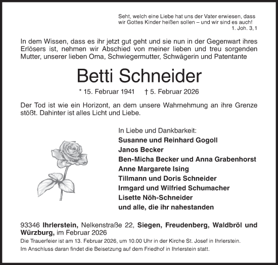 Traueranzeige von Betti Schneider von Siegener Zeitung
